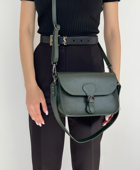 Шкіряна жіноча сумка через плече 3340Dark green