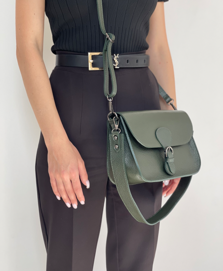 Шкіряна жіноча сумка через плече 3340Dark green
